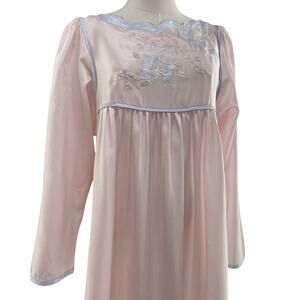 NWT Vintage 80s Natori Pink Satin Flower Embroidered Granny Nightgown Size S
